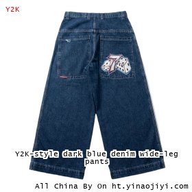 Y2K-style dark blue denim wide-leg pants