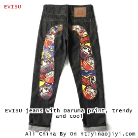 EVISU jeans with Daruma print, trendy and cool
