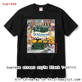 Supreme street style black T-shirt