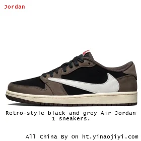 Retro-style black and grey Air Jordan 1 sneakers.