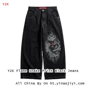 Y2K Flame Snake Print Black Jeans