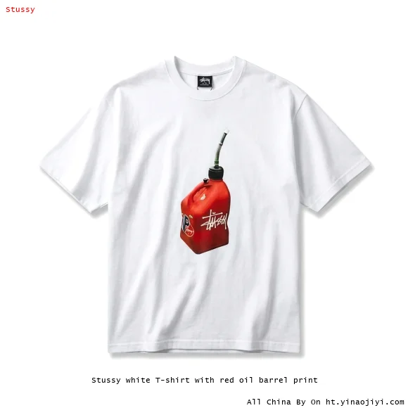 Stussy white T-shirt with red oil barrel print
