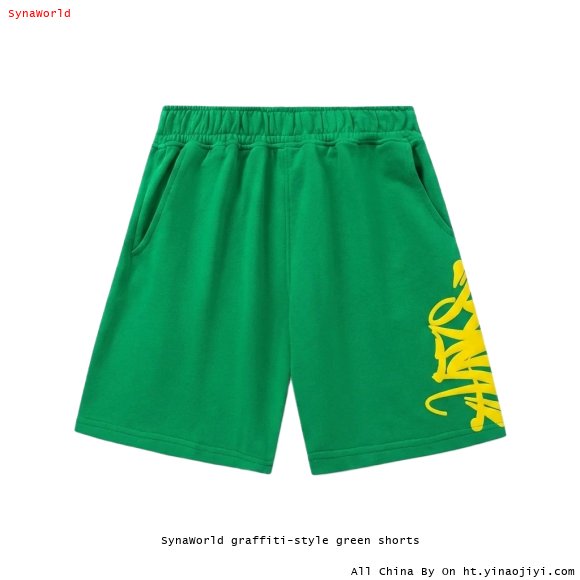 SynaWorld graffiti-style green shorts